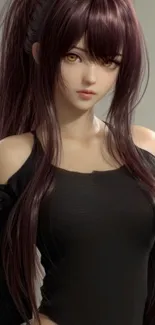 Anime character portrait with long brown hair and a black outfit.