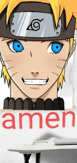 Anime character poster with bright blonde hair and blue eyes on wallpaper.