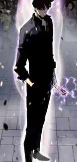 Anime character with glowing power aura in a dark mysterious setting.