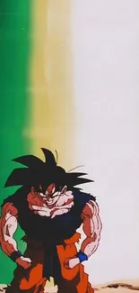 Anime character powering up in vibrant green and orange hues.