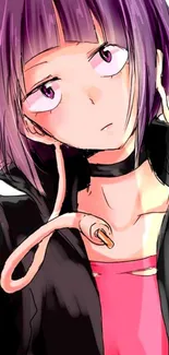 Anime character with purple hair in a vibrant and stylish pose.