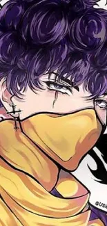 Anime character with purple curly hair and a yellow mask on a stylish wallpaper.