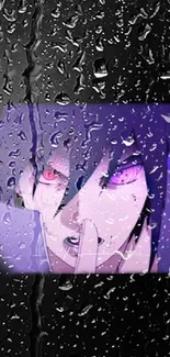 Anime character with glowing eyes, rainy effect.