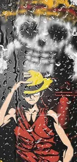 Anime character in rain-soaked background with vibrant colors.