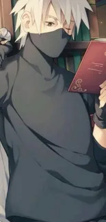 Anime character with mask reading a book in library.