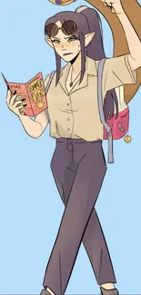 Anime character reading a map with sunglasses and backpack, on light blue background.