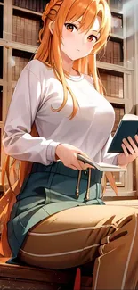 Anime girl in a library reading a book.