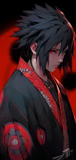 Anime character with red aura and black robe in bold mobile wallpaper.