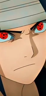 Anime character with red eyes, intense gaze.