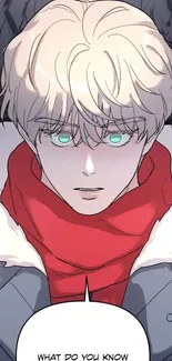 Anime character with blonde hair and red scarf in a snowy setting.