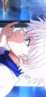 Anime character with white hair and blue tones in reflective pose.