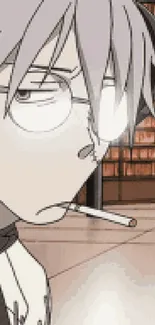 Anime character with glasses, relaxed environment, smoking a cigarette.