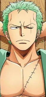 Anime character with green hair, relaxed pose in vibrant setting.