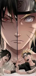 Anime split face of two iconic characters in a dynamic wallpaper.