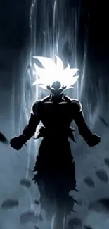 Anime character silhouette with intense aura on dark gray background.