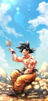 Anime character sitting on rocky terrain under a vibrant sky.