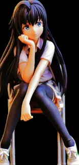 Anime girl sitting on chair with black background.