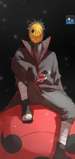 Anime character sitting on a red ball with black background.