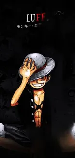 Anime character sitting with a hat against a dark background.