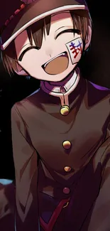 Anime character smiling in dark uniform, cheerful and artistic style.