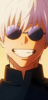 White-haired anime character with sunglasses, smiling brightly.