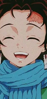 Anime character smiling with a blue scarf.