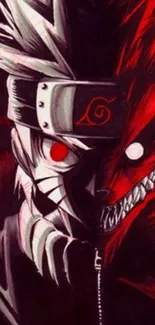 Epic anime wallpaper with red and black design, featuring split-face artwork.