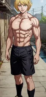 Anime character with muscles stands in sunlit street.