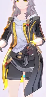 Anime character in stylish black and yellow outfit.