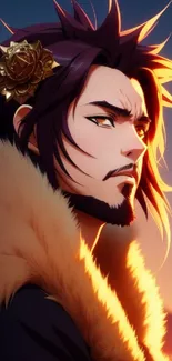 Anime character with dark coat in sunset glow, golden light highlighting face.