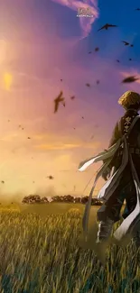 Anime character walks towards sunset in field, surrounded by warm tones.