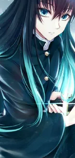 Anime character with turquoise hair, holding a sword, in a detailed digital art style.