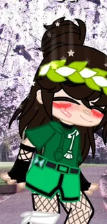 Anime character blushing under cherry blossoms with a green outfit.