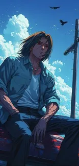 Anime character sitting on a car under a vast blue sky.