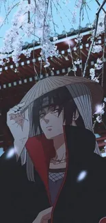 Anime character under cherry blossom trees with red and black robe.