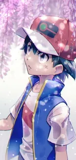 Anime character with cap under purple flowers.