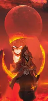 Anime character under a large red moon with fiery aura.