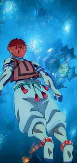 Anime character diving underwater with vibrant blue background.