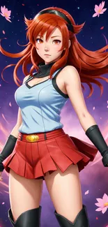 Anime character with red hair and floral accents on a vibrant backdrop.