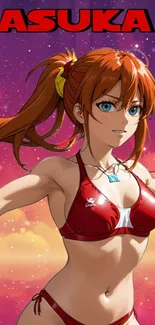 Anime character with red bikini on vibrant background wallpaper.