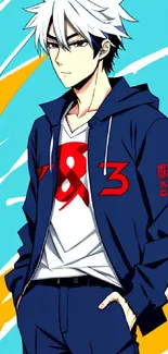 Vibrant anime character in blue hoodie with dynamic background design.