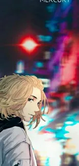 Anime character with vibrant city lights and colorful backdrop.