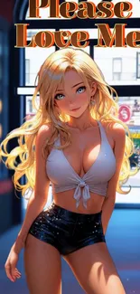 Vibrant anime wallpaper with blonde character in stylish outfit.