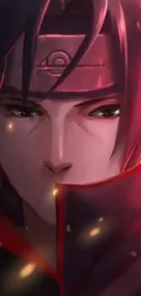 Vibrant anime character with dark red hues and intense expression.