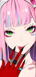 Anime character with pink hair and vibrant green eyes.