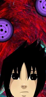 Anime character with vivid red background and purple circles.