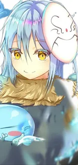 Anime character with blue hair holding a cute creature.