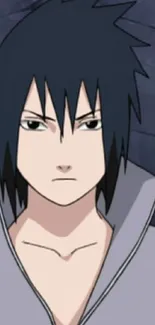 Dark-haired anime character with a serious expression on a gray background.