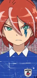 Anime character with red hair and blue shirt, set in a vibrant cartoon style.