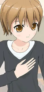 Charming anime character with brown hair and stylish outfit.